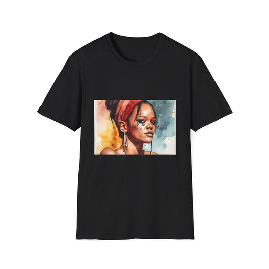 🎨 Rihanna's Radiance: A Watercolor Masterpiece of Beauty and Empowerment | T-Shirt | Art, Fashion, Icon, Music, Pop, Portrait, Rihanna, Singer, Upscaled, Watercolor | Prints with Passion