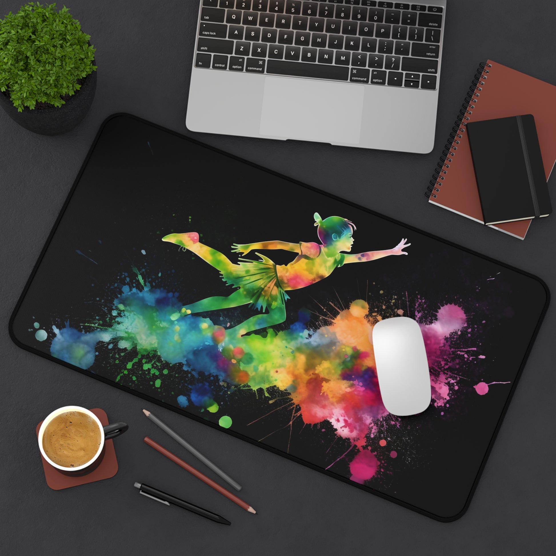 "Get inspired with Peter Pan Neon Desk Mat - vibrant watercolor design for creative workspaces"