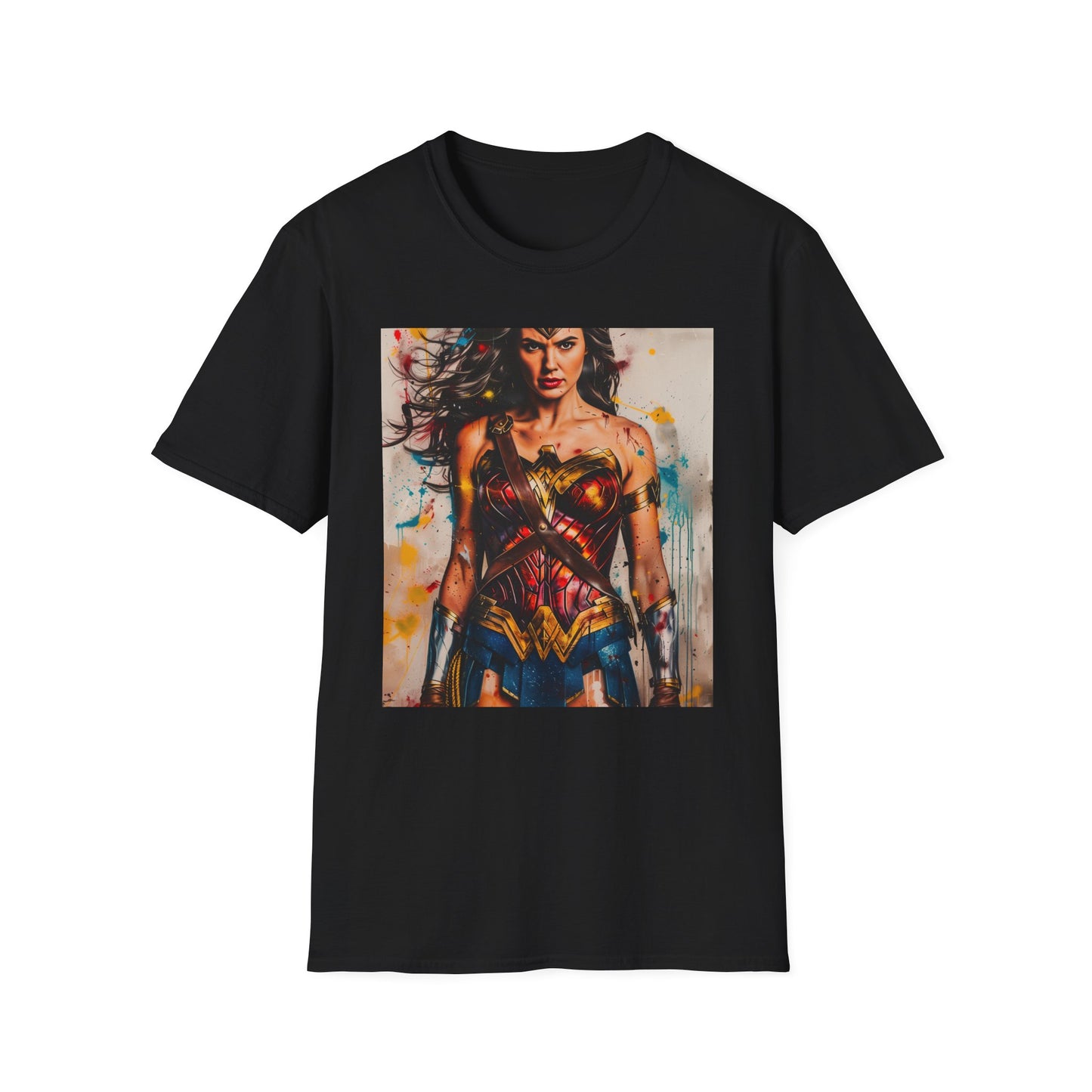 Warrior's Spirit: The Unstoppable Essence of Wonder Woman | T-Shirt | colorful artwork, comic book heroine, girl power, graphic design, illustration art, pop art, strong female character, wonder woman art, wonder woman comic book art, wonder woman painting | Prints with Passion