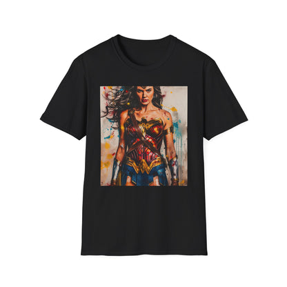 Warrior's Spirit: The Unstoppable Essence of Wonder Woman | T-Shirt | colorful artwork, comic book heroine, girl power, graphic design, illustration art, pop art, strong female character, wonder woman art, wonder woman comic book art, wonder woman painting | Prints with Passion