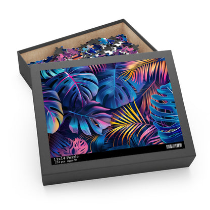 "Neon Jungle Jigsaw Puzzle - vibrant tropical leaves and palm trees, perfect for unwinding"