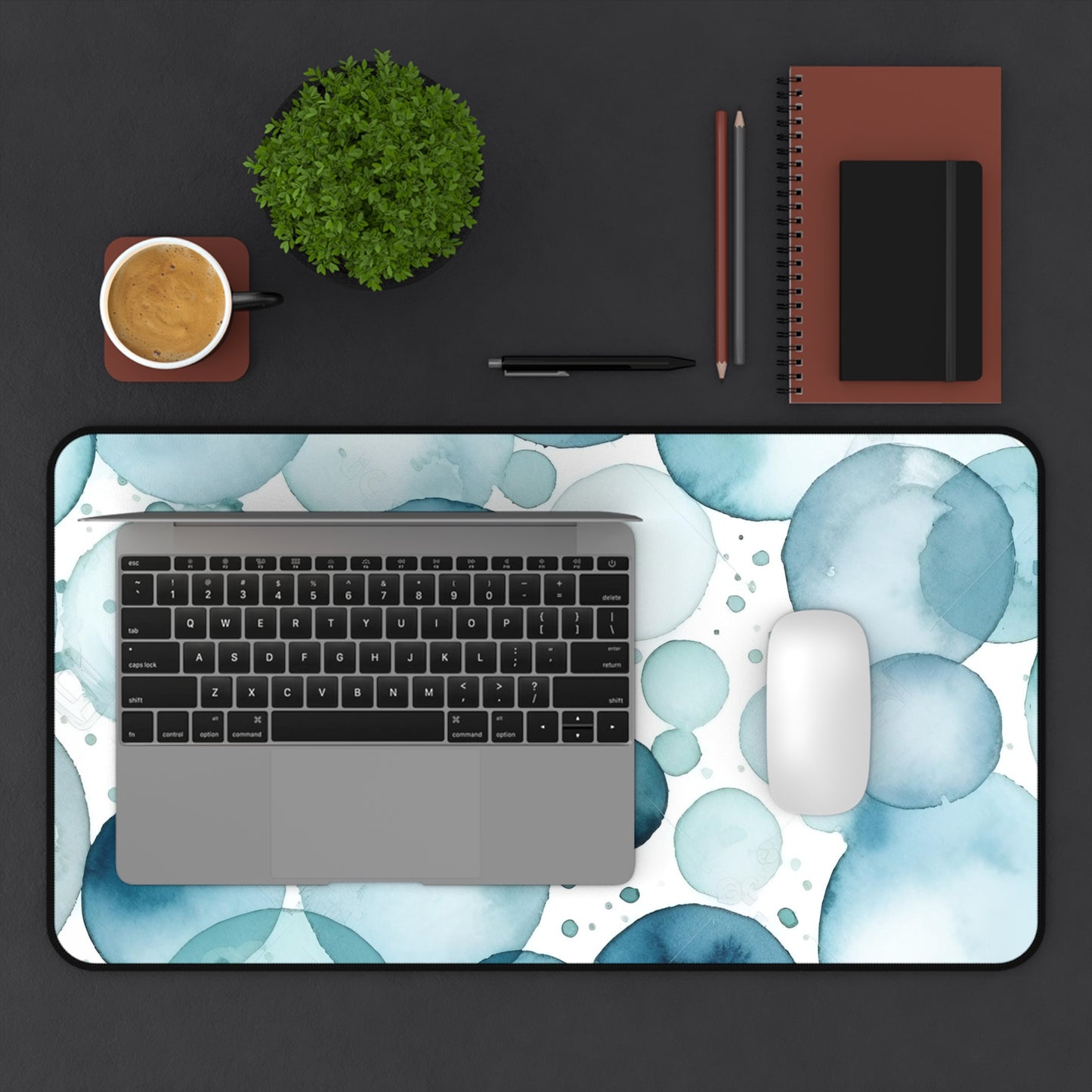 "EyeTide Desk Mat - Cool ice blue water color palette with mesmerizing eye pattern for stylish workspace decor"