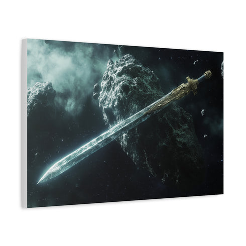 Epic Sword Embedded in Asteroid — Canvas Wall Art — Side Profile & Stretched Corner Detail