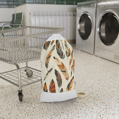 "Boho Feathers Laundry Bag - Stylish and practical laundry transport with seamless feather pattern"