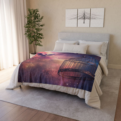 Bird Cage Floating Above Galaxy — Plush Fleece Throw Blanket — Product Detail View 9