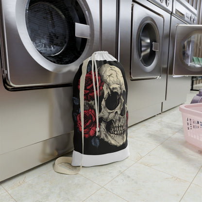 "Skull and Rose Laundry Bag - Gothic laundry accessory with macabre design for dark romance lovers"