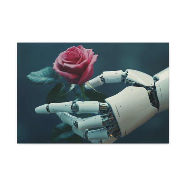 Cyber Roses Blooming from Robotic Hands Stretched Canvas Wall Art