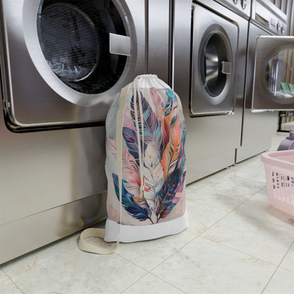 "Boho Feather Laundry Bag - Stylish laundry room essential with whimsical feather design"