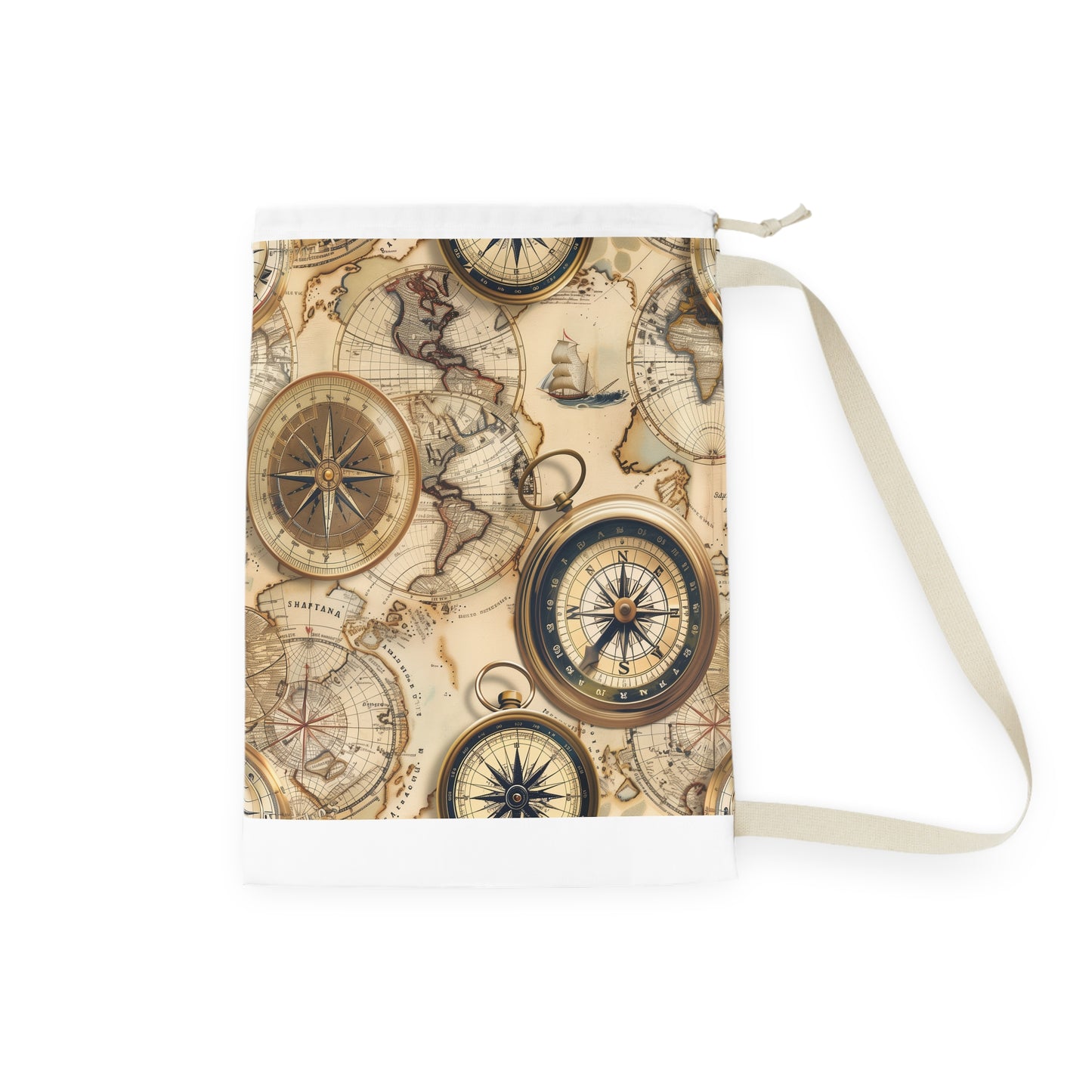 Vintage maps laundry bag with intricate details for stylish storage.