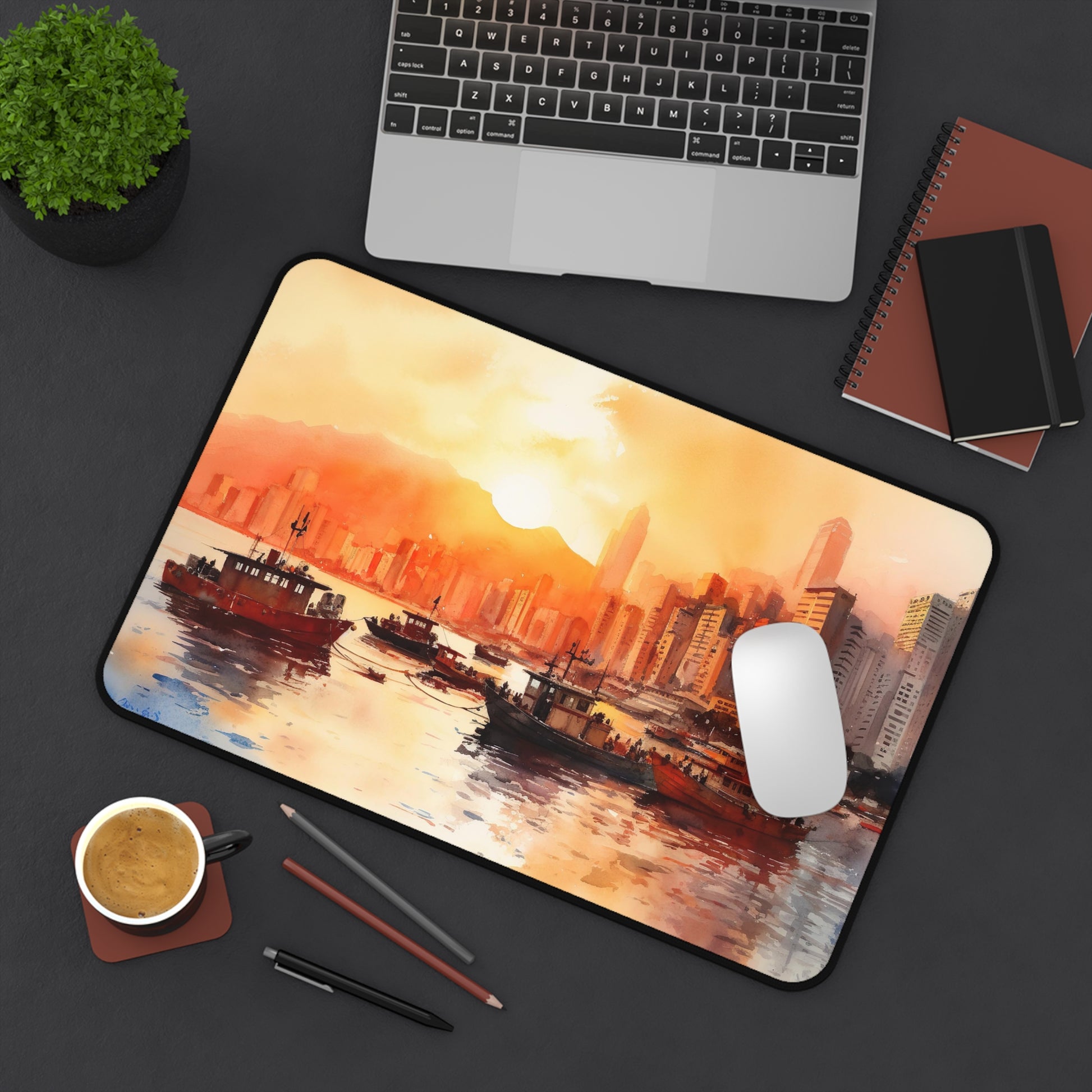 "Hong Kong Skyline Desk Mat - Elevate workspace with vibrant cityscape imagery for modern touch"