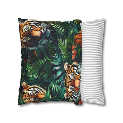 "Tiger Safari Pillow Case - Transform your bedroom with jungle pattern featuring majestic tigers and lush green foliage"