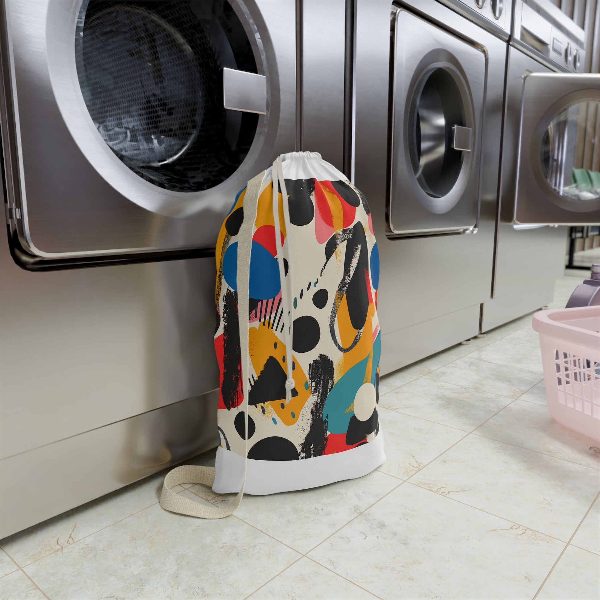 "Vibrant abstract laundry bag for stylish laundry routines, bold bright colors"