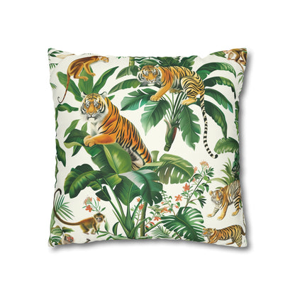 "Get cozy with our Tiger Jungle Safari pillowcase, featuring majestic tigers in lush green foliage. Transform your bedroom into a wild jungle retreat."