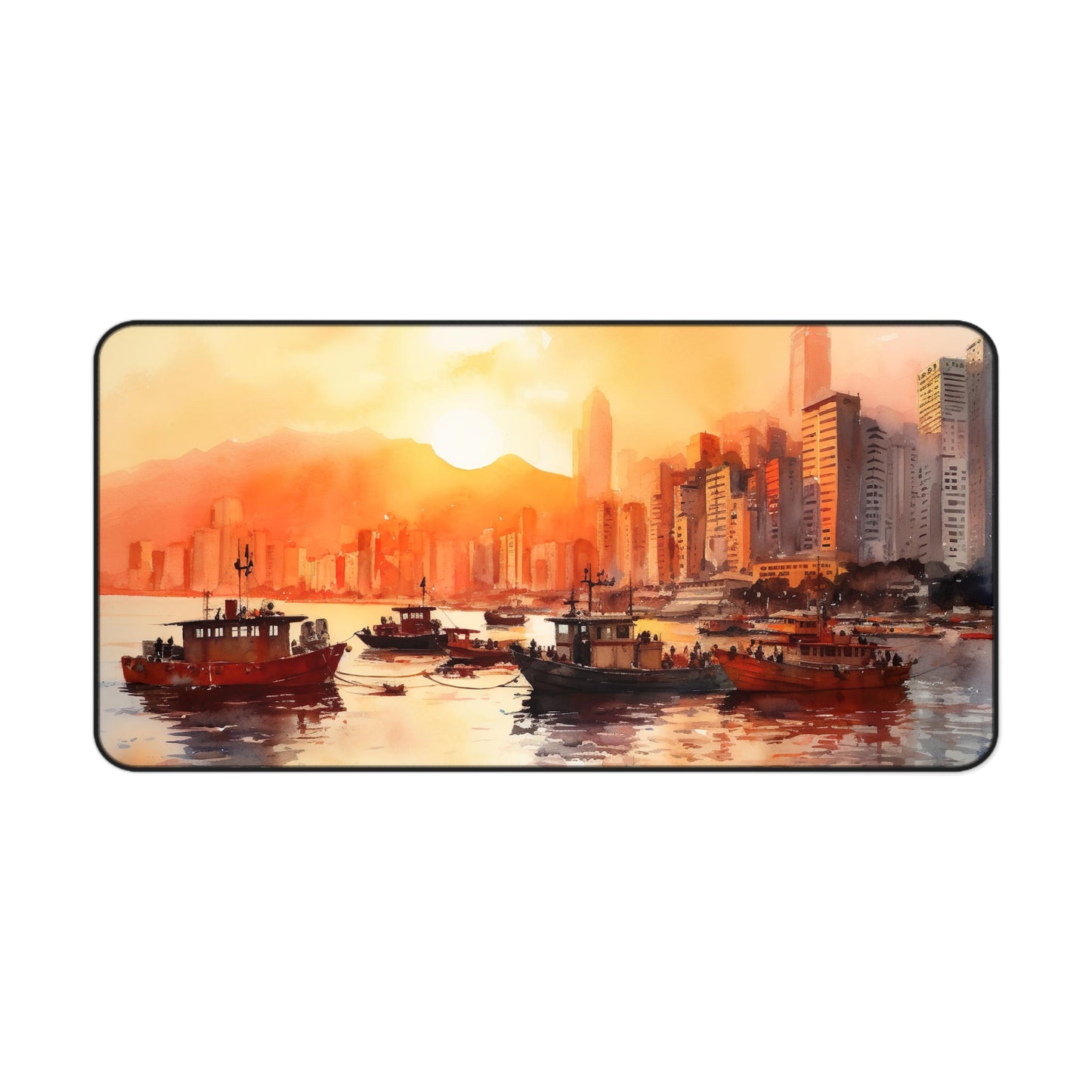 "Vibrant Hong Kong Skyline Desk Mat for Modern Workspace Inspiration"