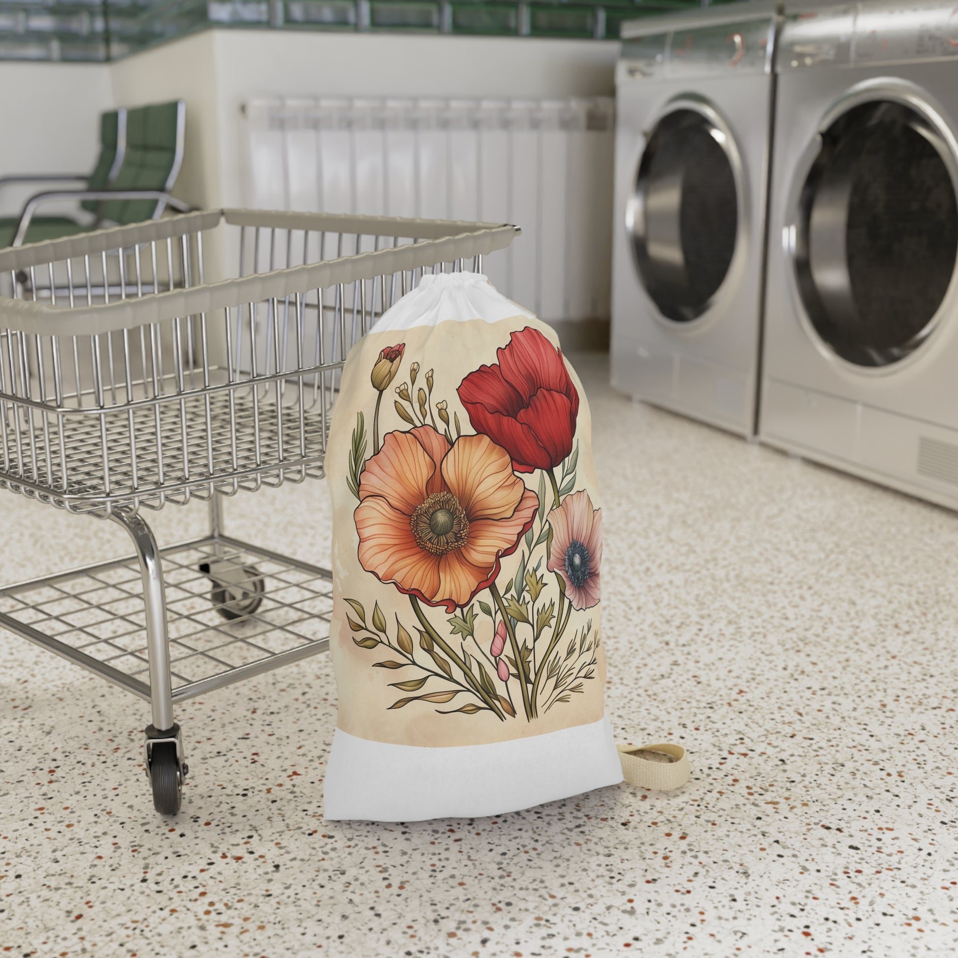 "Floral Fantasy Laundry Bag - Delicate hand-drawn flowers add whimsy and color to laundry routine"