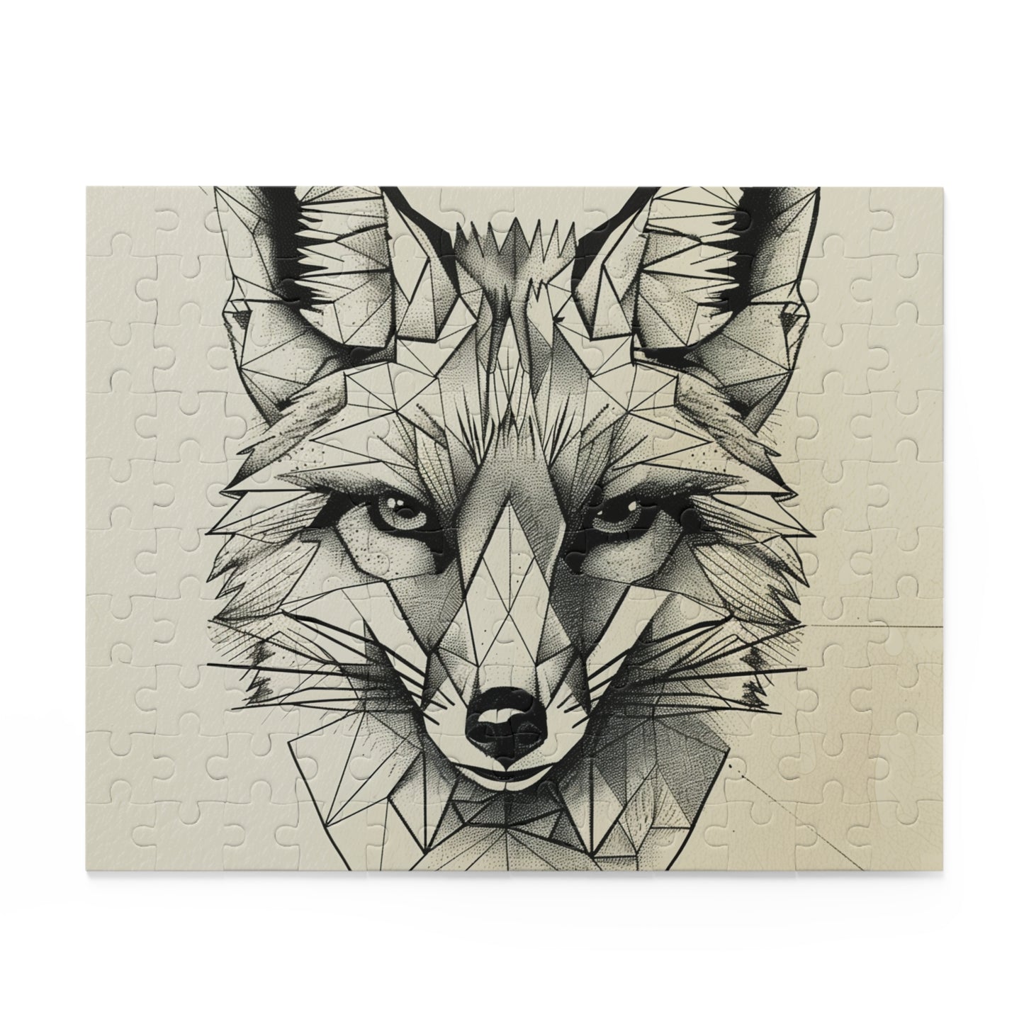 "Geometric Fox jigsaw puzzle with angular lines and vibrant colors, challenging and elegant"