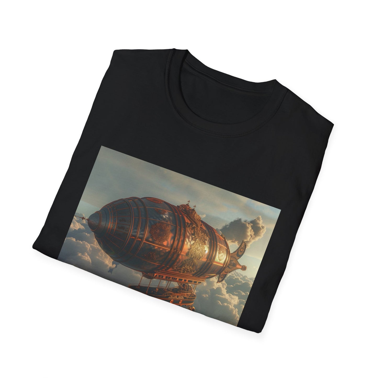 Steampunk airship t-shirt with intricate design soaring above the clouds, perfect for imaginative adventures and daydream escapes. Made with soft, breathable fabric for comfort and style. Let this shirt inspire you to chase your dreams and soar to new heights.