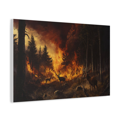 A Forest Fire Raging with Wildlife Fleeing Stretched Canvas Wall Art