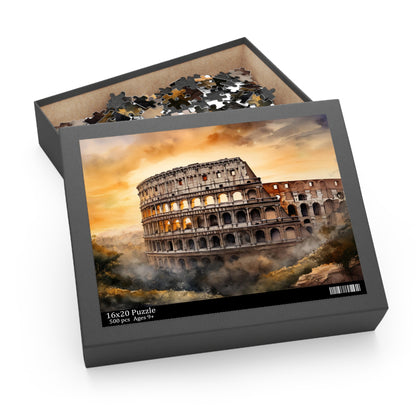 "Colosseum Sunset Jigsaw Puzzle - Piece together the beauty of Rome with this stunning sunset image. Perfect for puzzle enthusiasts and travelers."