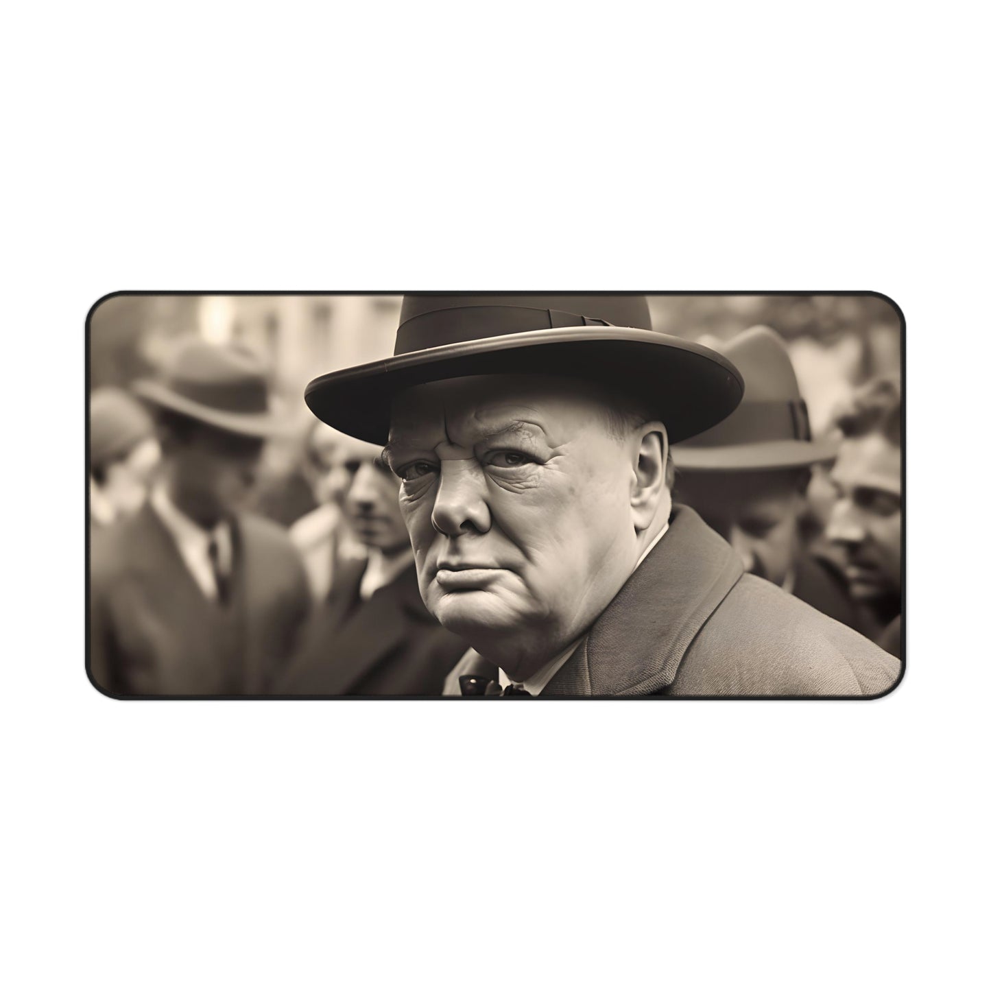 "Churchill's War Room Desk Mat featuring iconic leader in WWII London cityscape, perfect for history buffs"