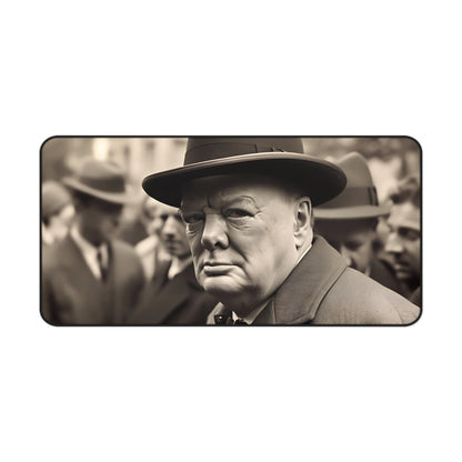 "Churchill's War Room Desk Mat featuring iconic leader in WWII London cityscape, perfect for history buffs"