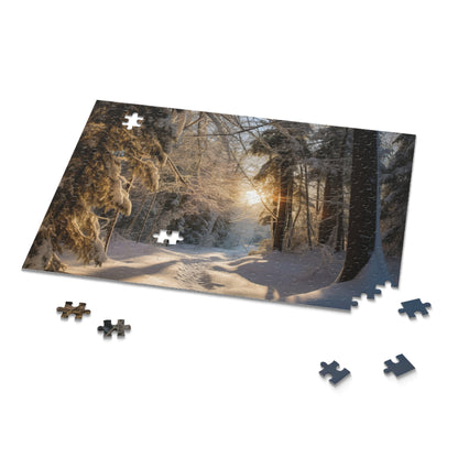 "Charming Winter Wonderland jigsaw puzzle with snowy forest scene and vibrant colors"