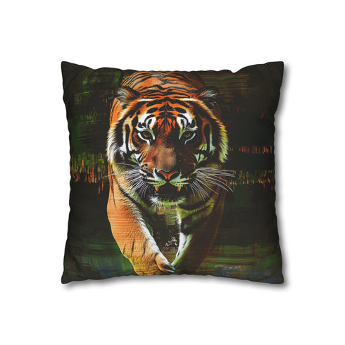 Tiger Emerging from Digital Glitch (Edition II) — 40×40 Cushion Cover — Double-Sided Back & Concealed Zip Detail