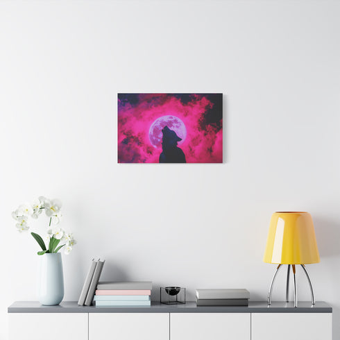 Silhouette of a Wolf Howling at a Neon Moon — Canvas Wall Art — Kiln-Dried Pine Frame & Ready-to-Hang Back View