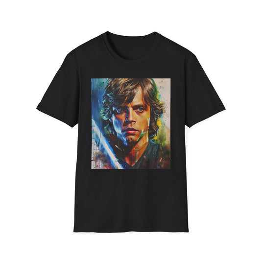 Galactic Destiny: The Unwavering Spirit of Luke Skywalker | T-Shirt | Art, Brush, Canvas, Jedi, Lightsaber, Luke Skywalker, Painting, Skywalker, Space, Star Wars | Prints with Passion