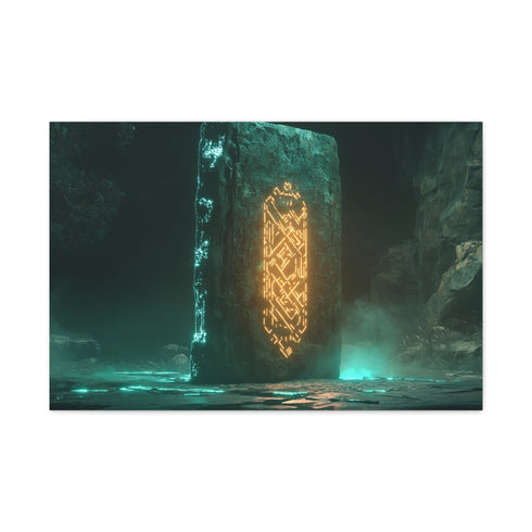Monolith Glowing with Sacred Runes — Canvas Wall Art — Living Room Wall Lifestyle View