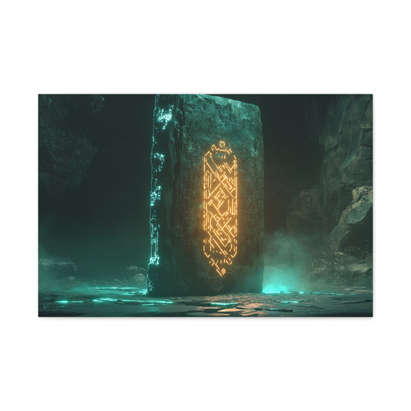 Monolith Glowing with Sacred Runes — Canvas Wall Art — Living Room Wall Lifestyle View