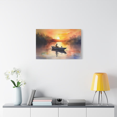 Golden Hour Fisherman Silhouette Sunset Stretched Canvas Wall Art - View 7 | Prints With Passion
