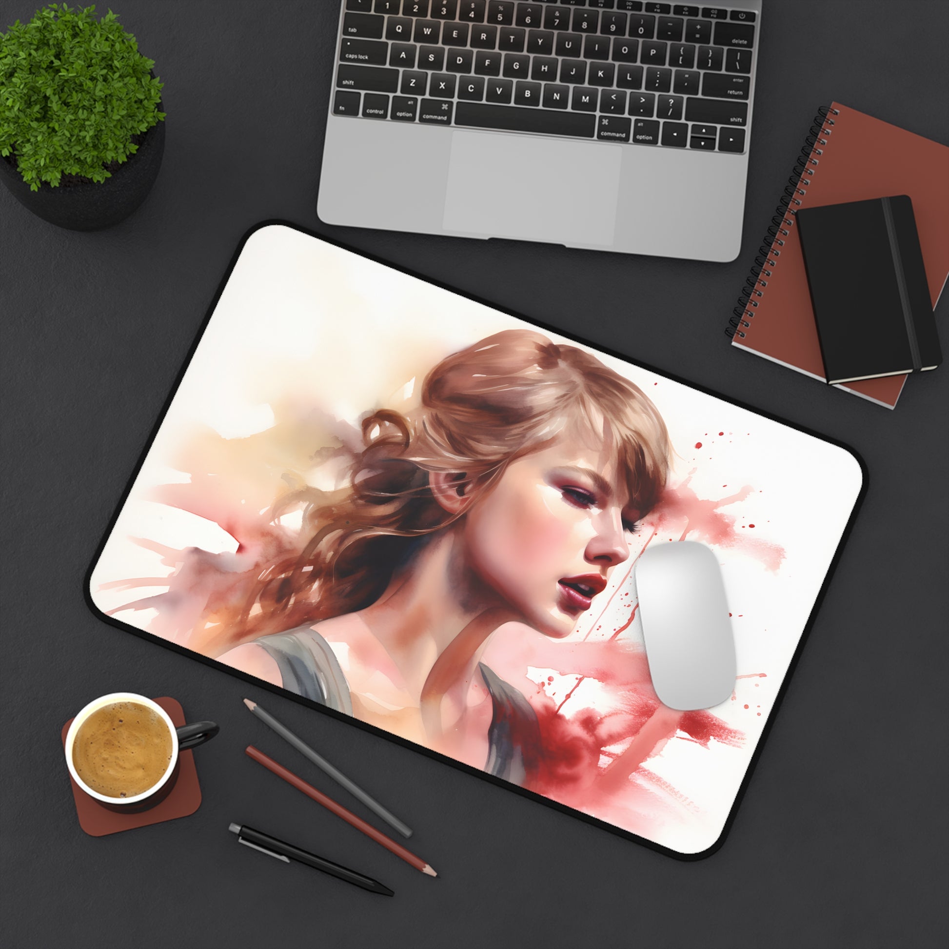 "Taylor Swift inspired watercolor desk mat for stylish and organized workspace"