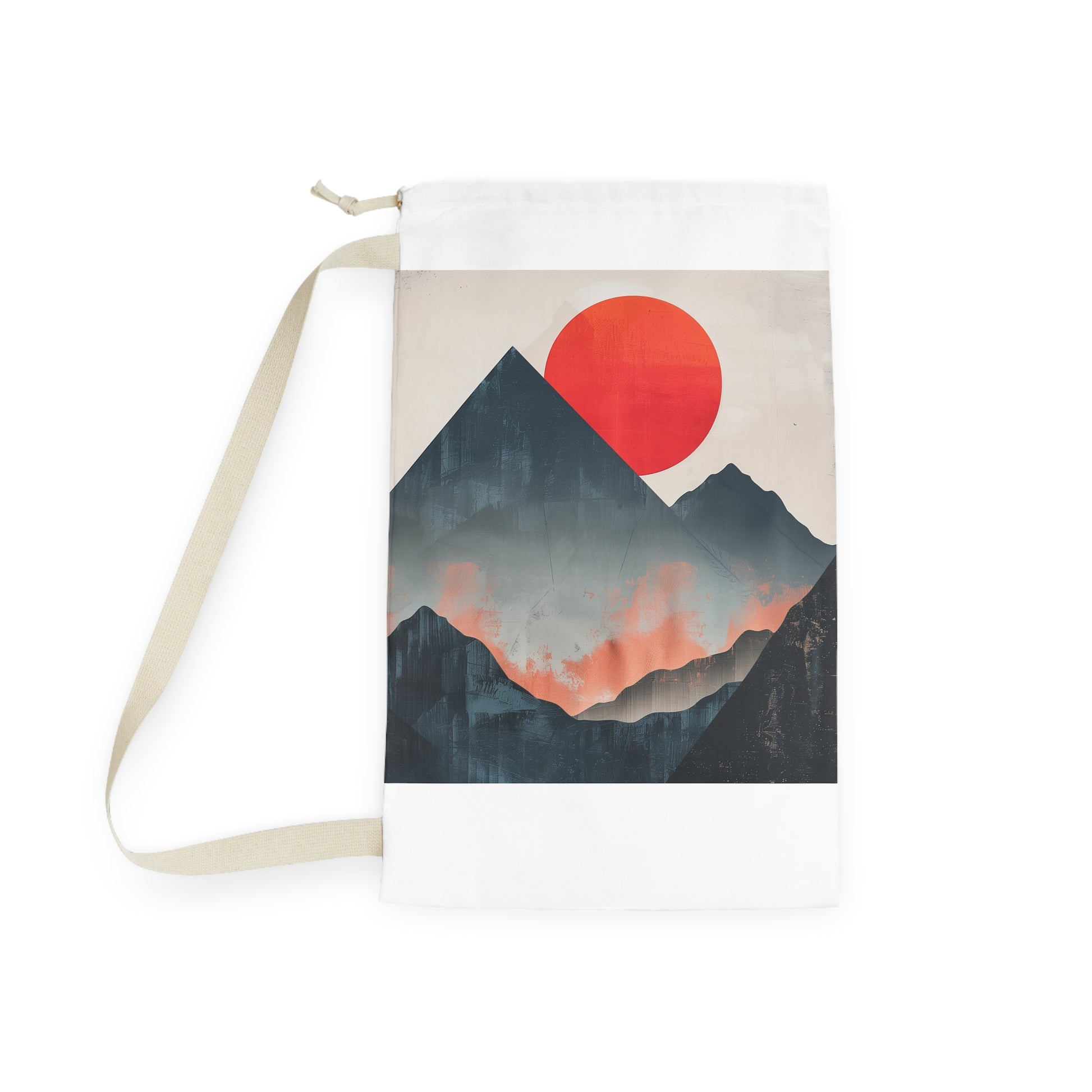 "Sunrise Mountain Laundry Bag - Stylish minimalist design with rising sun, perfect for organizing dirty clothes in style"