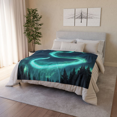 Aurora in Shape of Serpent Above Forest — Plush Fleece Throw Blanket — Product Detail View 9