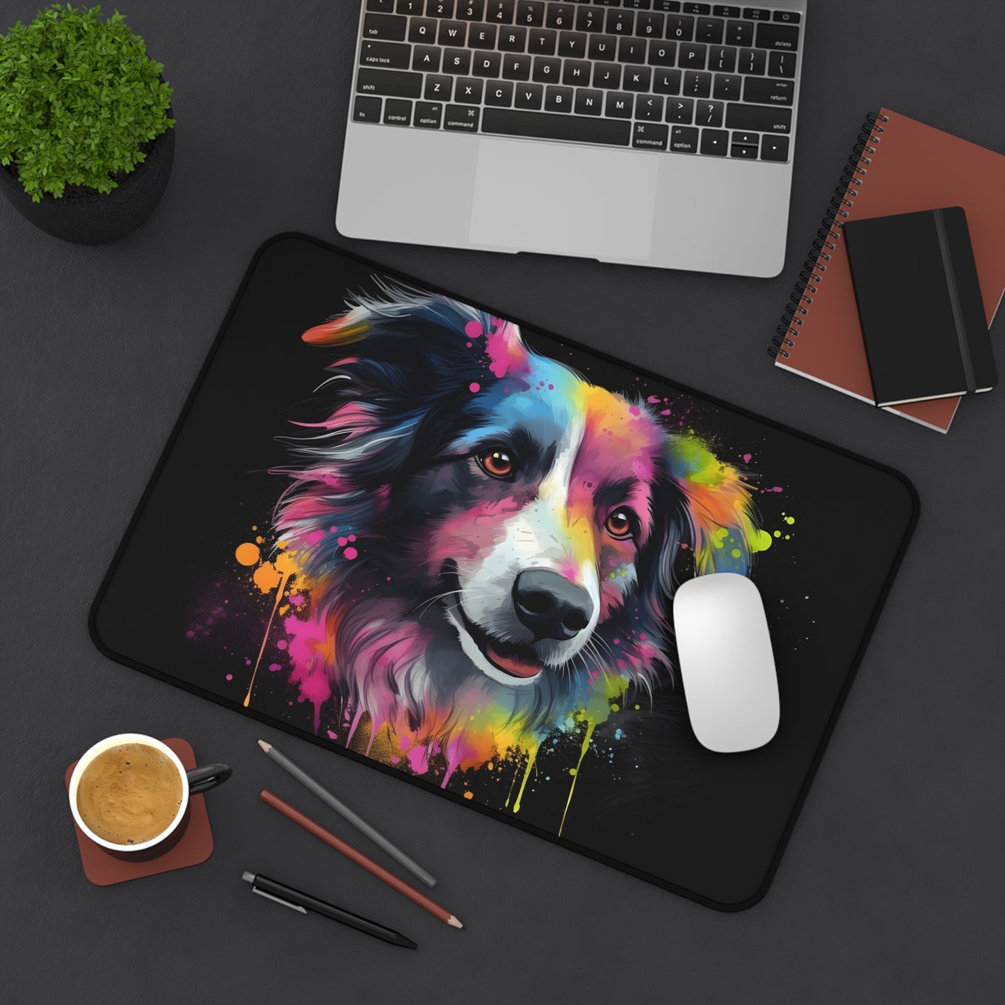 "Cute Collie Desk Mat - Whimsical charm for workspace, protects desk with personality"