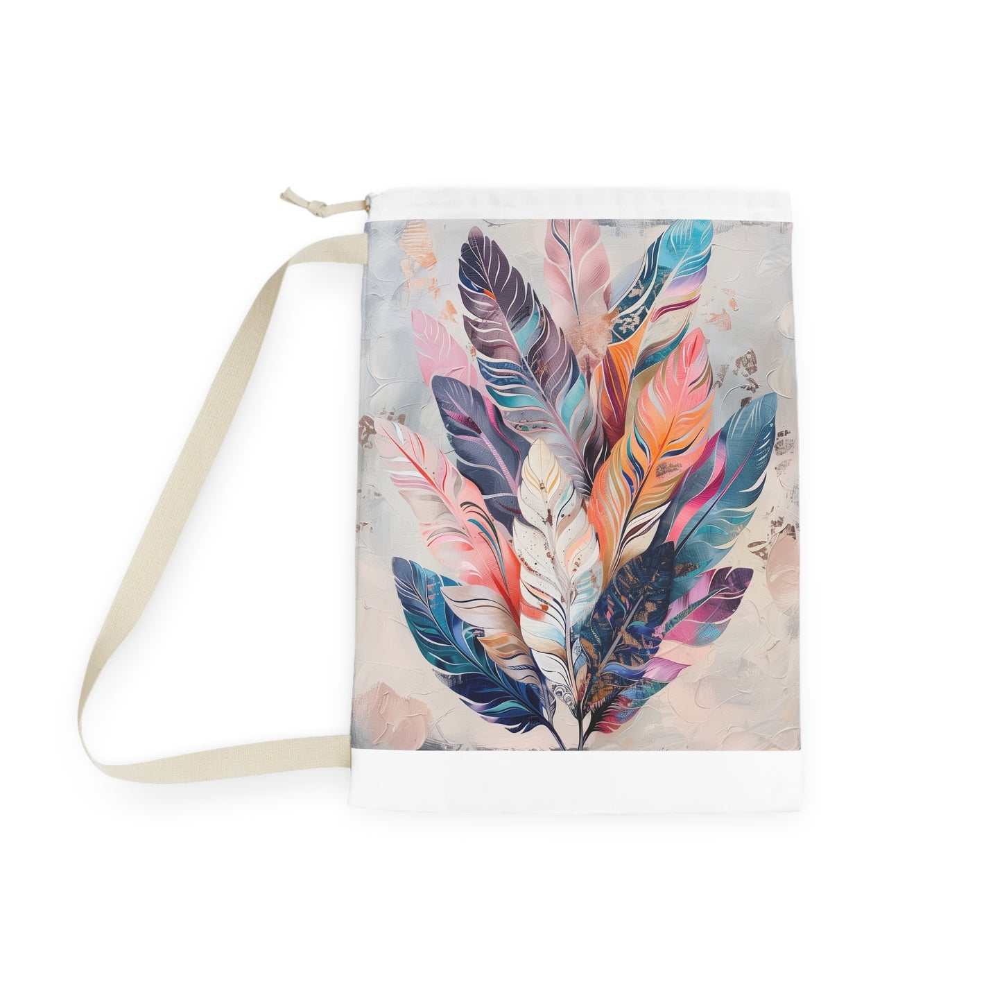 "Boho Feather Laundry Bag - Whimsical feathered design for stylish laundry storage"