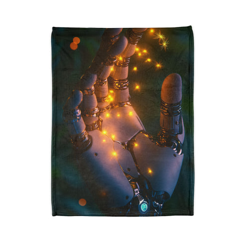 Cyborg Hand Holding Fireflies — Plush Fleece Throw Blanket — Folded Plush Blanket Detail