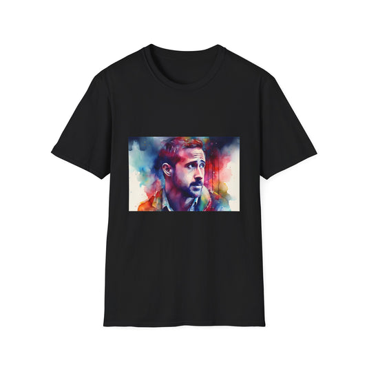 Charismatic Intensity in Vibrant Hues | T-Shirt | Artistic, Celebrity, Edgy, Eye-catching, Fashion forward, Neon colors, Ryan Gosling, Trendy, Unique, Watercolor graphic | Prints with Passion