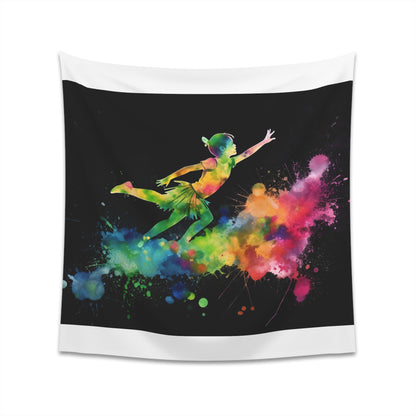 Neverland's Neon Glow: Peter Pan Watercolor Tapestry - Vibrant and Enchanting Décor for All Seasons