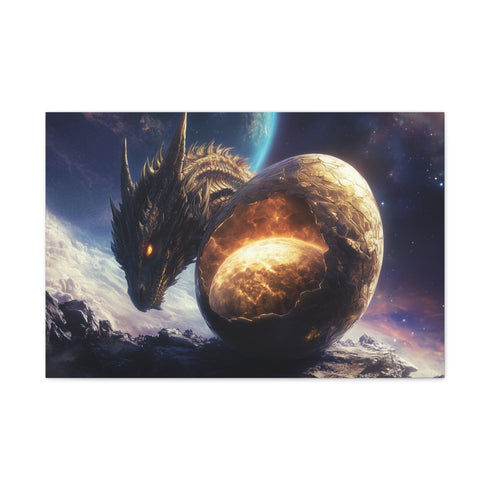 Dragon Egg Hatching in Space — Canvas Wall Art — Living Room Wall Lifestyle View