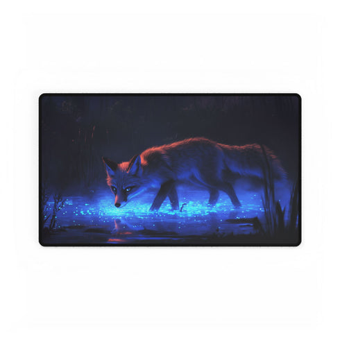 Bioluminescent Fox Walking Through Swamp — XL & XXL Desk Mat — Gaming & Workspace Desk Setup View