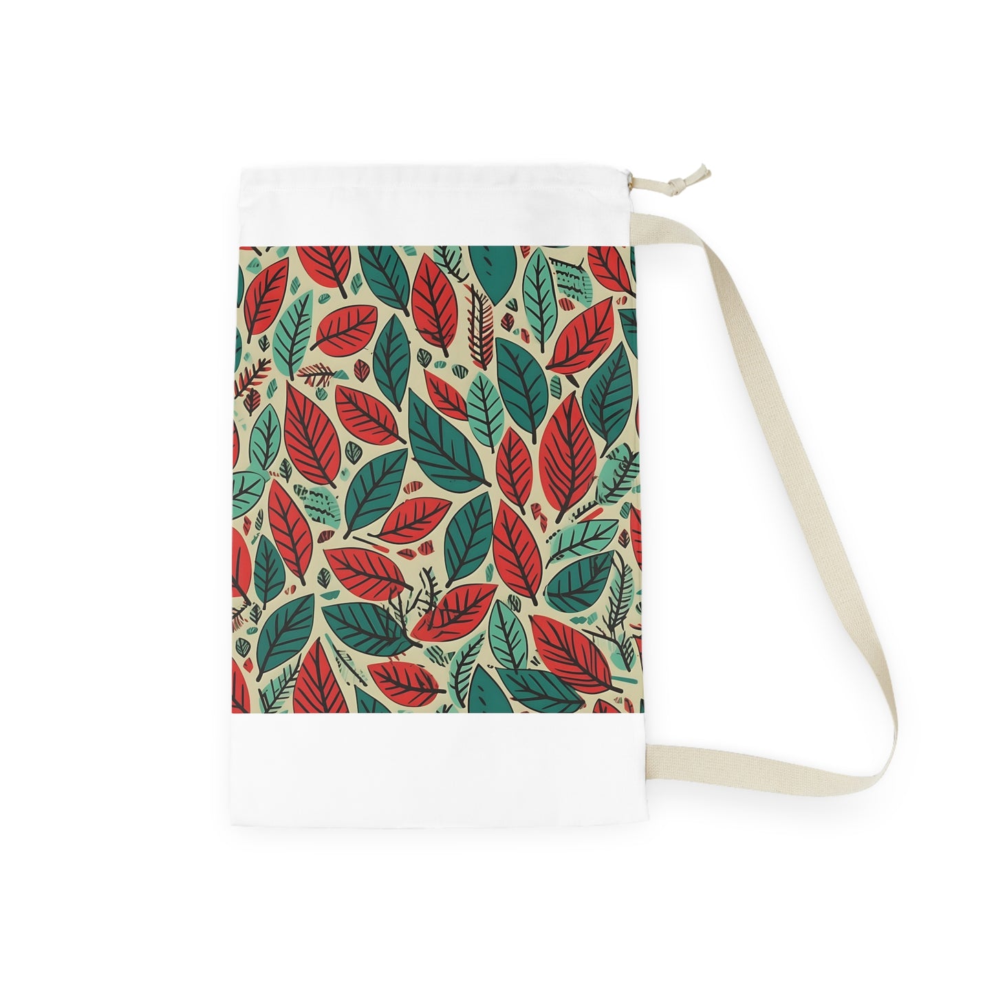 Green and red leaf pattern laundry bag for stylish transport of dirty clothes. Soft and durable fabric with modern design.