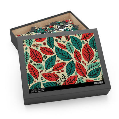 Abstract modern green and red dirty ferret leaf puzzle - immersive and intricate design.