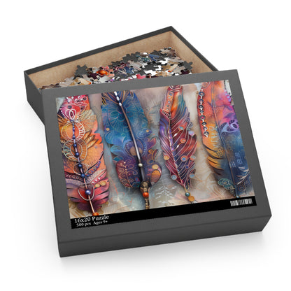 "Bohemian Feather Jigsaw Puzzle - Colorful and intricate design for relaxing unwind"