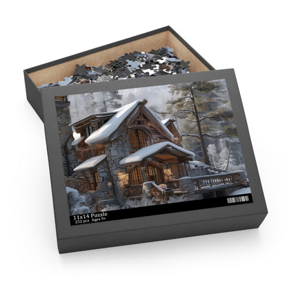 "Rustic Mountain Cabin jigsaw puzzle, perfect for nature lovers seeking tranquility"