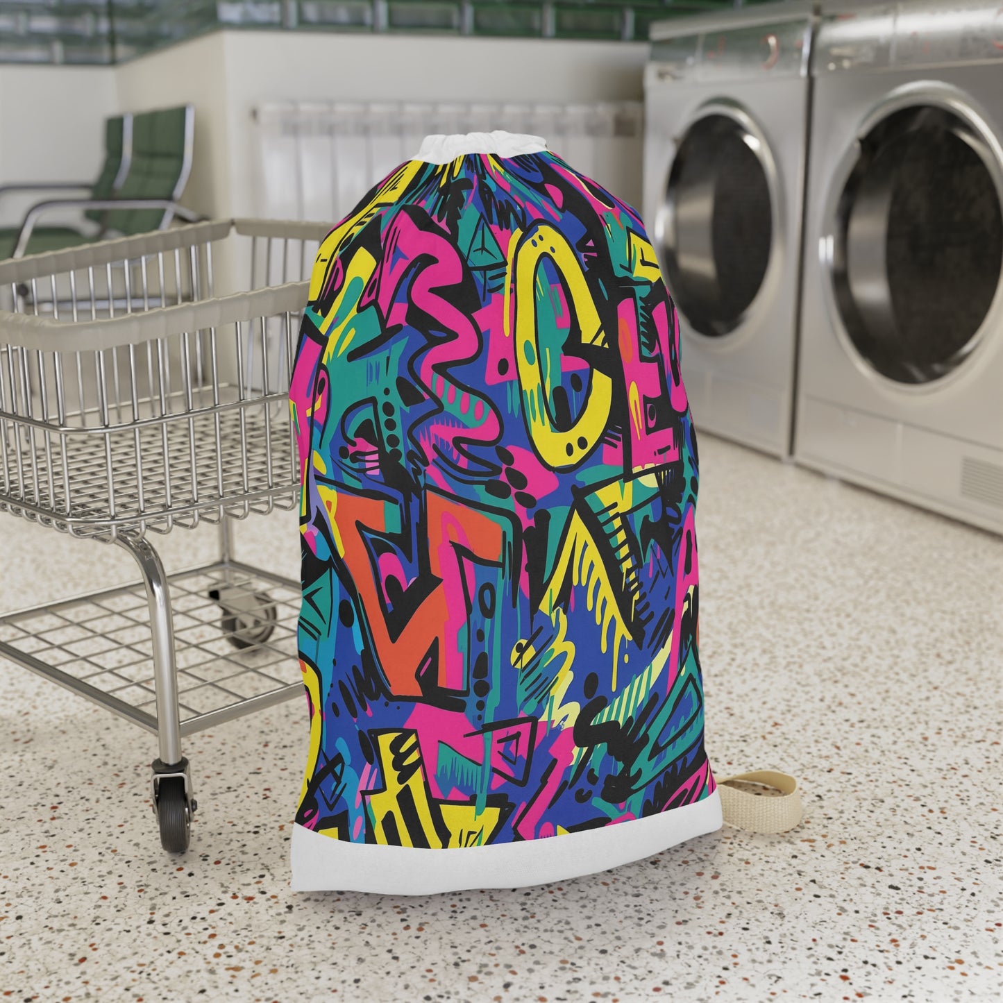 "Neon Graffiti Laundry Bag - Vibrant urban design for stylish laundry organization"