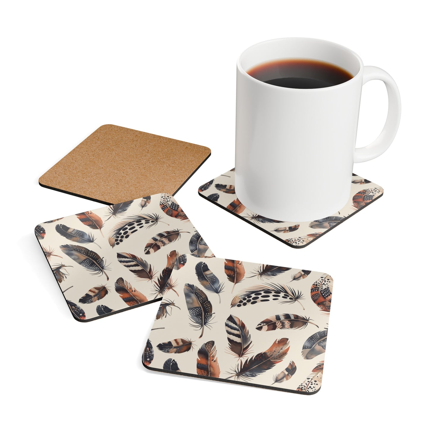 Boho Feathers Corkwood Coaster Set