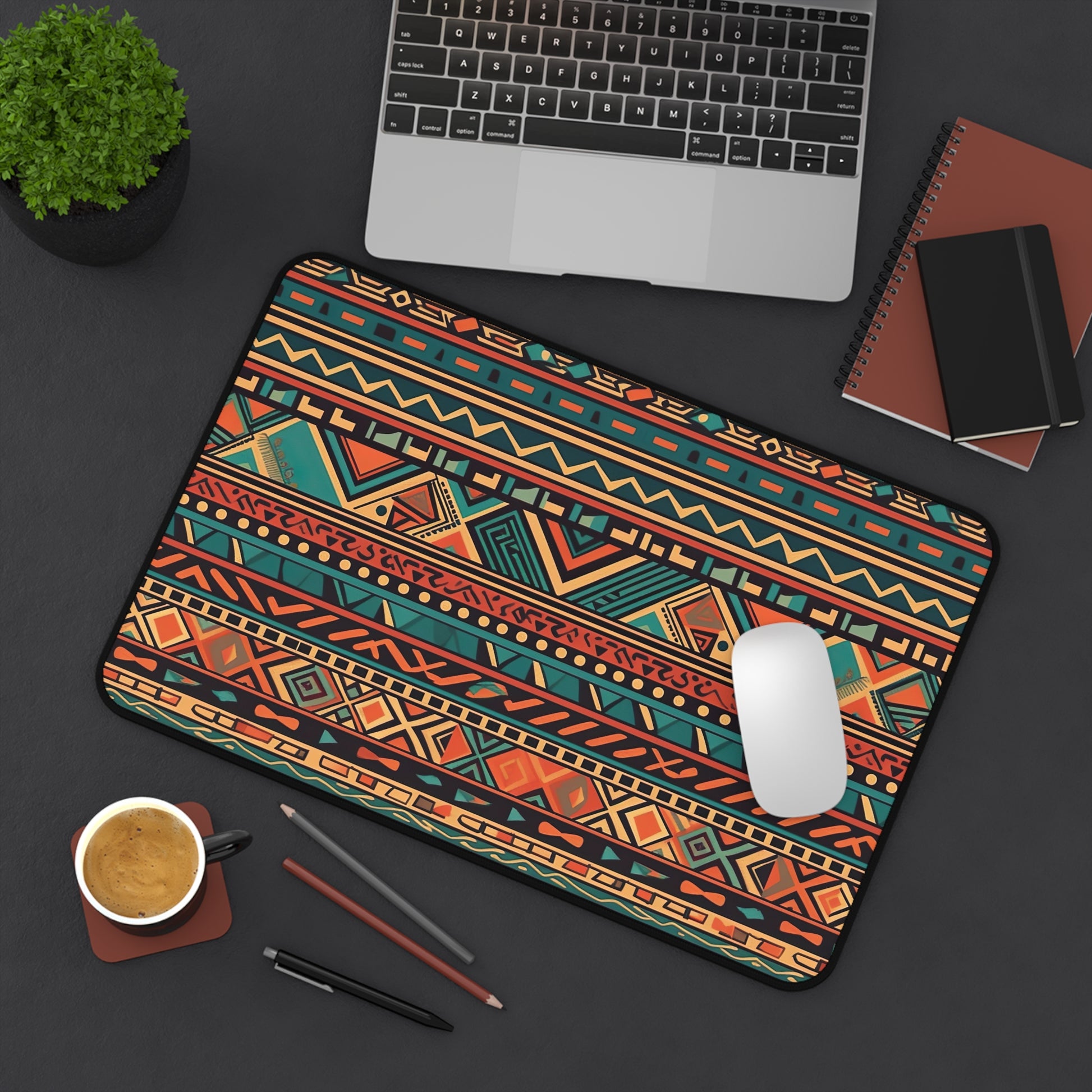 "Bohemian Aztec Desk Mat - Vibrant earth tone pattern for stylish office decor"