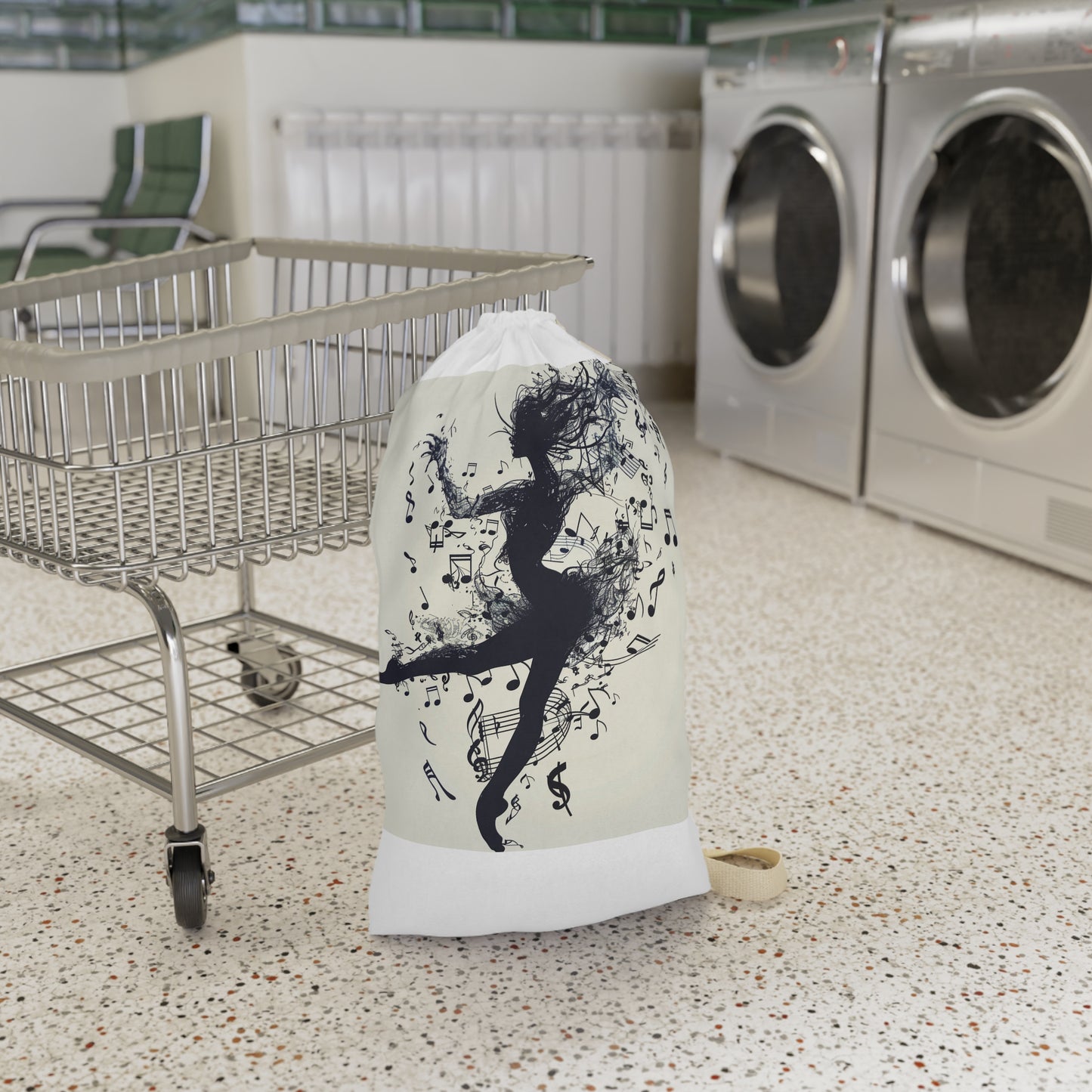 "Stylish dancer silhouette laundry bag with musical notes, adds artistry to chores"